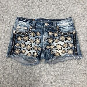 Miss Me Shorts Girls 14 Denim Embellished Floral Rhinestone Frayed Summer Casual